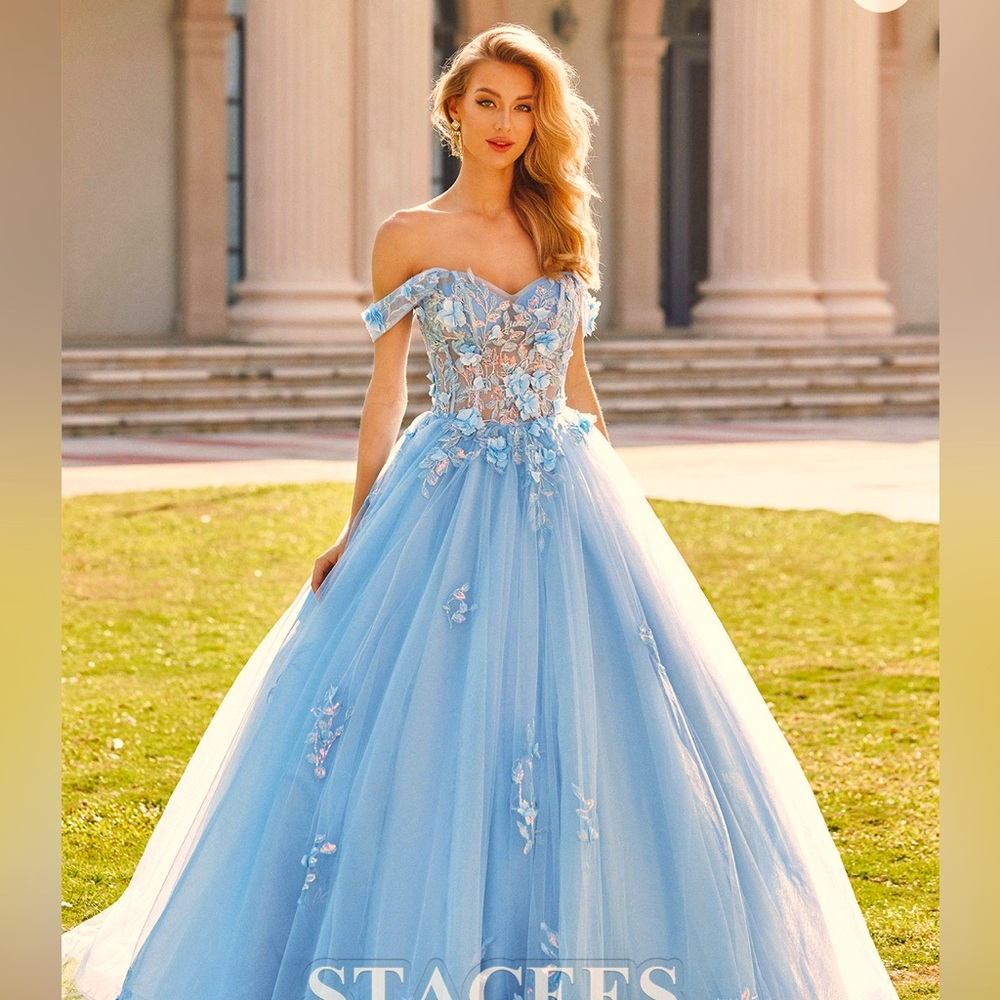 Ball Gown Off-the-Shoulder Long-Length Tulle Dress, Size US2, color Sky Blue